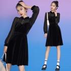 Long-sleeve Mesh Panel Velvet A-line Qipao Dress