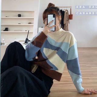 Color Block Mock-neck Sweater Off-white & Blue - One Size