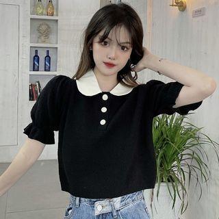 Puff-sleeve Contrast Collar Crop Polo Shirt