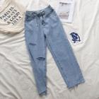 Asymmetric Distressed Frayed High-waist Jeans