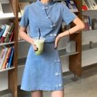 Frog-button Short-sleeve Denim Blouse / Mini A-line Skirt