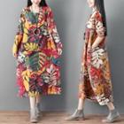 Leaf Print Long-sleeve Midi A-line Dress