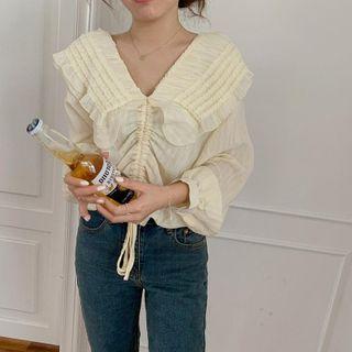 Drawstring Collared Blouse Almond - One Size