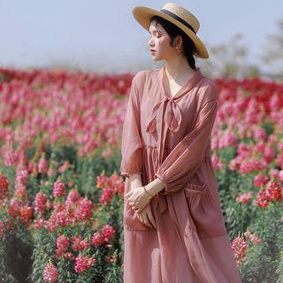 Pocket Detail Tie-neck 3/4-sleeve Chiffon Midi Dress Bean Red - One Size