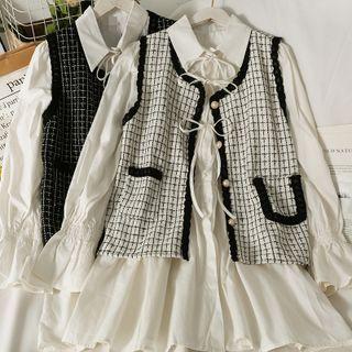 Set: Ribbon-accent Midi Shirtdress + Tweed Vest