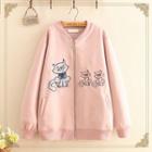 Cat Embroidered Stand-collar Zip Jacket