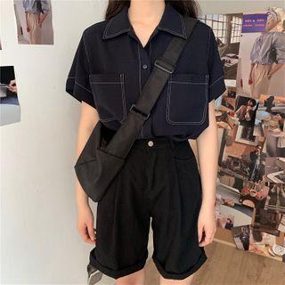 Short-sleeve Contrast Trim Shirt As Shown In Figure - One Size
