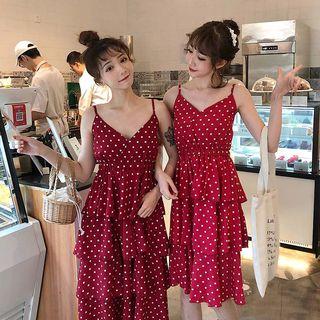 Dotted Strappy Tiered A-line Dress / Midi Dress