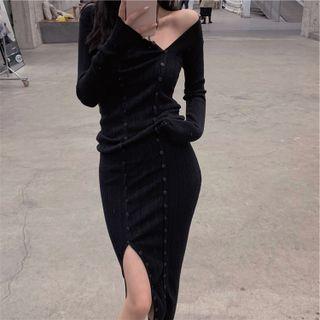 Long-sleeve Knit Sheath Dress / Midi Sheath Dress