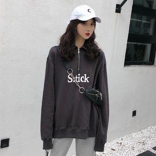 Lettering Half Zip Pullover Dark Gray - One Size