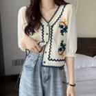 Crochet Floral Embroidered Panel Elbow-sleeve Blouse
