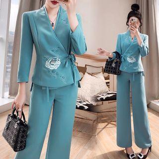 Set: 3/4-sleeve Floral Embroidered Wrap Jacket + Wide Leg Dress Pants