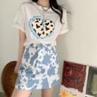 Elbow-sleeve Print T-shirt / Cow Print Skirt