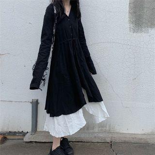 Set: Long-sleeve Dress + Spaghetti Strap Dress Dress - Black & White - One Size
