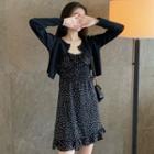 Sleeveless Dotted Dress + Long-sleeve Plain Knit Cardigan