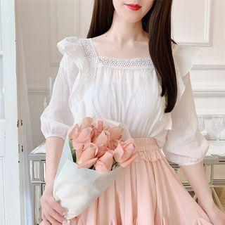 3/4-sleeve Perforated Trim Ruffled Blouse
