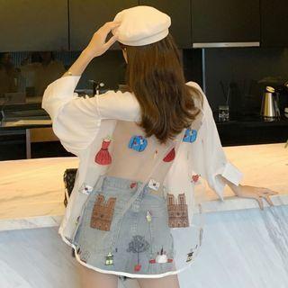Long-sleeve Applique Mesh Panel Shirt