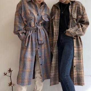 Plaid Long-sleeve Tie-front Midi Shirt Dress