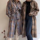 Plaid Long-sleeve Tie-front Midi Shirt Dress