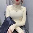 Long-sleeve Faux Pearl Mock-neck Knit Top