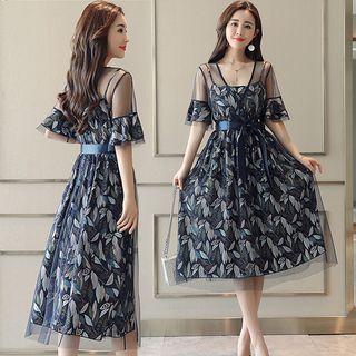 Set: Leaf Print Spaghetti Strap Dress + V-neck Mesh Short-sleeve A-line Dress