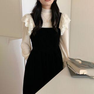 Long-sleeve Ruffled Blouse / Velvet Midi A-line Overall Dress