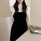 Long-sleeve Ruffled Blouse / Velvet Midi A-line Overall Dress