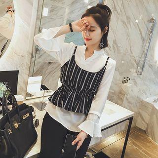 Set: V-neck Bell-sleeve Blouse + Striped Peplum Camisole Top