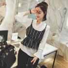 Set: V-neck Bell-sleeve Blouse + Striped Peplum Camisole Top