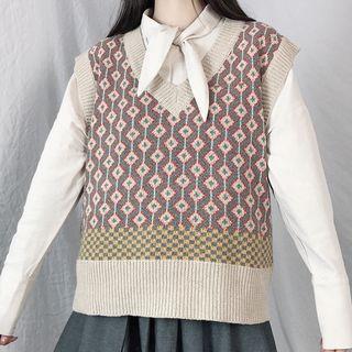 Tie-neck Shirt / Patterned V-neck Knit Vest