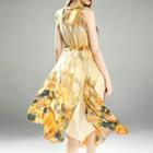 Sleeveless Frilled Silk Print Dress