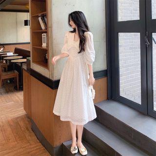 Lace Trim Collared Puff-sleeve Dress