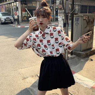 Short-sleeve Flower Print Shirt / A-line Skirt