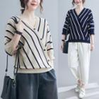 3/4-sleeve Striped V-neck Knit Top