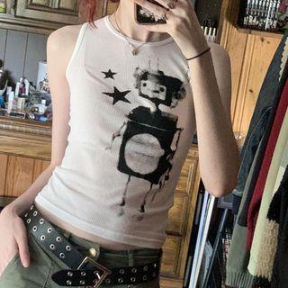 Robot & Star Print Crop Tank Top