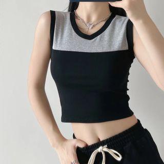 V-neck Color-block Crop Tank Top