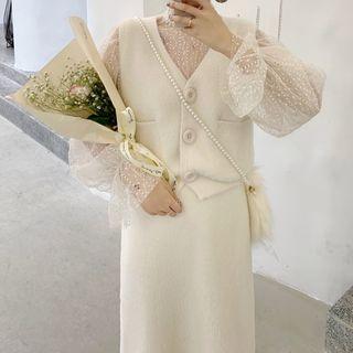 Balloon-sleeve Mesh Top / Buttoned Knit Vest / Midi A-line Knit Skirt / Set