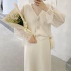 Balloon-sleeve Mesh Top / Buttoned Knit Vest / Midi A-line Knit Skirt / Set
