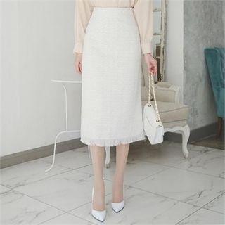 Fringe-hem Tweed Midi Skirt