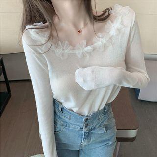 Long-sleeve Embellished Knit Top White - One Size