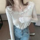 Long-sleeve Embellished Knit Top White - One Size