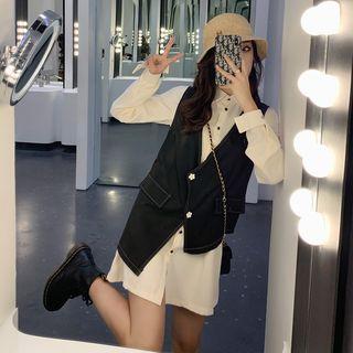 Long-sleeve Mini Shirtdress / Button Vest