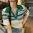 Short-sleeve Striped Polo Knit Top Skirt - Milky White & Green & Purple - One Size