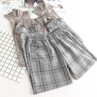 Frill Hem Plaid Band Waist Straight Cut Pants