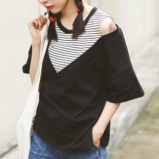 Cutout Shoulder Striped Panel Elbow-sleeve T-shirt