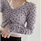 Floral Printed Skinny Long-sleeve Crop Top Gray - One Size