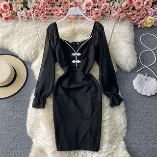 Long Sleeve Frog Button Sheath Dress