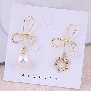 Non-matching Alloy Bow Faux Pearl Rhinestone Dangle Earring Gold - One Size