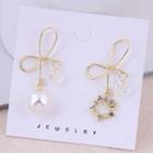 Non-matching Alloy Bow Faux Pearl Rhinestone Dangle Earring Gold - One Size