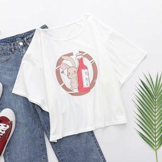 Elbow-sleeve Rabbit Printed T-shirt White - One Size